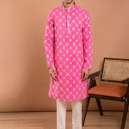 Aaheli Mandarin Collar Embroidered Regular Mirror Work Pure Cotton Kurta with Pyjamas-picture-12