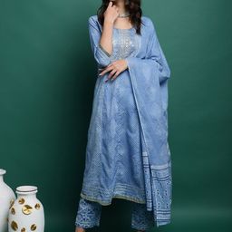 Sangria Bandahni Printed Pure Cotton Kurta With Trousers & Duppatta-picture-29
