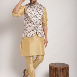 Kaifoo Mandarin Collar Kurta with Churidar & Printed Nehru Jacket-picture-9