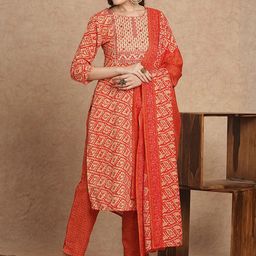FASHOR Ethnic Motifs Printed Sequinned Pure Cotton Straight Kurta With Trousers & Dupatta-15