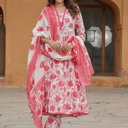 KALINI Floral Printed Regular Pure Cotton Anarkali Kurta with Trousers & Dupatta-3
