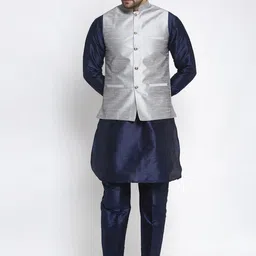 Kaifoo Men Navy Blue & Silver Kurta with Pyjamas-picture-56