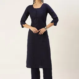 Saanjh Navy Blue Notched Neck Striped Kurta with Trousers-44