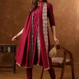 Anouk Fuchsia Round Neck Anarkali Thread Work Kurta With Churidar & Dupatta-picture-38