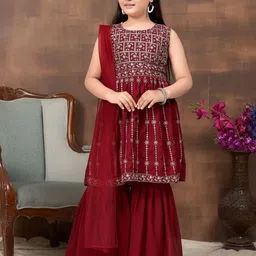 BAESD Girls Ethnic Motifs Embroidered Thread Work Kurta With Sharara & Dupatta-image-89