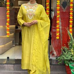 KALINI Floral Embroidered V-Neck Chanderi Silk Straight Kurta With Trousers & Dupatta-image-87
