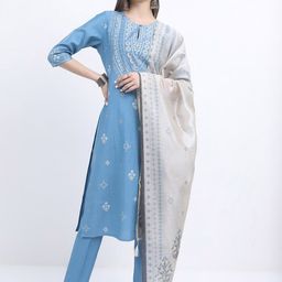 KETCH Ethnic Motifs Printed Keyhole Neck Kurta With Trousers & Dupatta-image-7