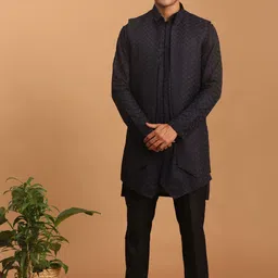 VASTRAMAY Self Design Mandarin Collar Kurta With Pyjamas & Self Design Jacket-picture-1