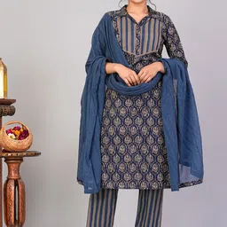 FLAMBOYANT Ethnic Motifs Printed Lace Pure Cotton Straight Kurta With Trousers & Dupatta-picture-18