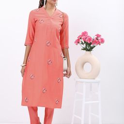Vishudh Coral Floral Embroidered V-Neck Kurta With Trousers & Dupatta-image-65