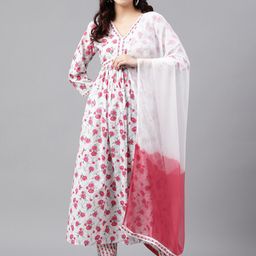 KALINI V Neck Floral Printed Empire Pure Cotton Kurta & Palazzos With Dupatta-image-93