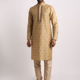 Streaks & Crosses Ethnic Motifs Embroidered Mandarin Collar Pure Silk Straight Kurta Set-image-24