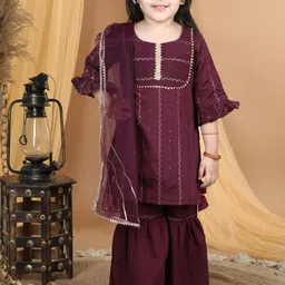 Kinder Kids Girls Embroidered Gotta Patti Pure Cotton Kurta with Sharara & Dupatta-image-21