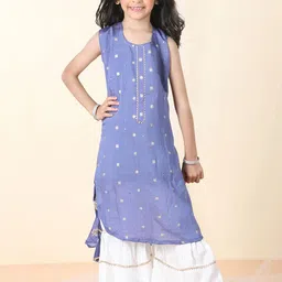Sangria Girls Polka Dots Woven Design Pure Cotton Sleeveless Kurta With Sharara-18