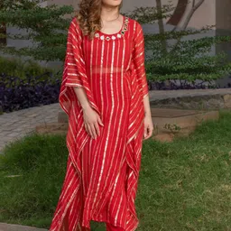 HOUSE OF JAMOTI Striped Embroidered Mirror Work Extended Sleeves Kaftan Kurta & Trousers-19