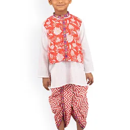 kidcetra Boys Floral Printed Mandarin Collar Mirror Work Pure Cotton Kurta Set-33