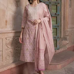 Sangria Mauve coloured Floral Printed Pure Cotton Kurta with Churidar & With Dupatta-39