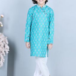 Sangria Boys Blue Floral Printed Pure Cotton Straight Kurta With Pyjama-55