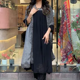 KALINI Ethnic Motifs Yoke Design Thread Work Detailed A-Line Kurta & Trouser With Dupatta-16