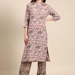 SHOWOFF Mandarin Collar Floral Printed Kurta with Trousers-picture-14