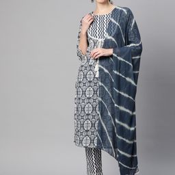 KALINI Ethnic Motifs Printed Pure Cotton Straight Kurta With Trouser & Dupatta-10