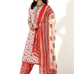 Anouk White & Red Ethnic Motifs Printed Regular Pure Cotton Kurta & Salwar With Dupatta-49
