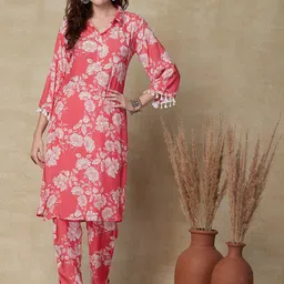 FASHOR Pink Floral Printed Regular Straight Kurta with Trousers-picture-19