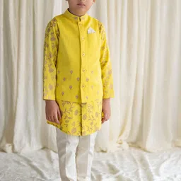 Tiber Taber Boys Floral Printed Pure Cotton Kurta with Pyjamas & Nehru Jacket-7