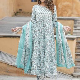 KALINI Floral Printed Gotta Patti Pure Cotton Anarkali Kurta With Trousers & Dupatta-picture-10