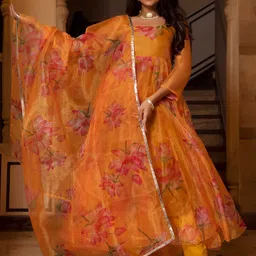 Calmna Women Floral Printed Anarkali Kurta with Trousers & Dupatta-picture-32