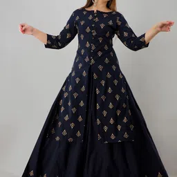 HERE&NOW Blue Ethnic Motifs Printed Regular Kurta with Skirt-picture-50