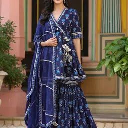 GILLORI Printed Mirror Work Gotta Patti Angrakha Pure Cotton Kurta with Sharara & Dupatta-image-42