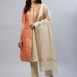 AURELIA Ethnic Motifs Woven Design Sequined A-Line Kurta with Trousers & Dupatta-picture-17
