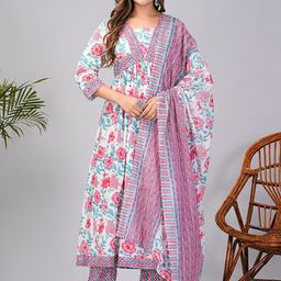 KPF Floral Printed V-Neck Pure Cotton Anarkali Kurta with Trousers & With Dupatta-image-13