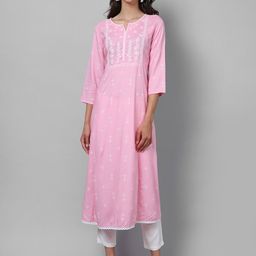 Cantabil Women Pink Floral Embroidered Panelled Kurti with Trousers-picture-16