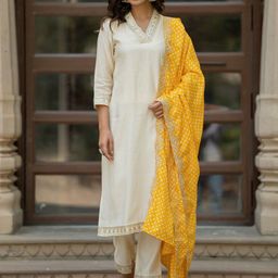 KALINI V Neck Floral Embroidered Regular Sequinned Chanderi Silk Straight Kurta Set-image-16
