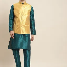 SOJANYA Mandarin Collar Regular Kurta With Pyjamas & Nehru Jacket-picture-5