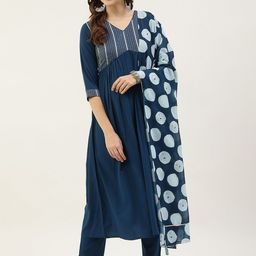 FIORRA Women Teal Yoke Design Kurta with Trouser & With Dupatta Set-2