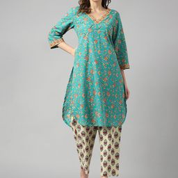 DECKEDUP Ethnic Motifs Printed Thread Work Curved Pure Cotton Kurta with Trousers-13