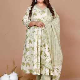 MIRAVAN Plus Size Floral Printed Pure Cotton Anarkali Kurta with Trousers & Dupatta-picture-2