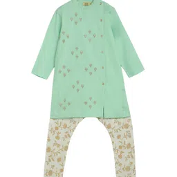 Tiber Taber Boys Floral Embroidered Angrakha Pure Cotton Kurta with Churidar-image-46
