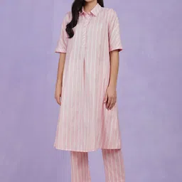 Pink Fort Striped Shirt Collar Short Sleeves A-Line Kurta with Trousers-picture-38