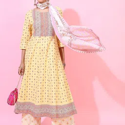 Vishudh Women Yellow Printed Empire Pure Cotton Kurti with Trousers and Dupatta-image-44
