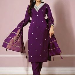 MORLY Women Floral Embroidered Regular Thread Work Raw Silk Kurta with Trousers & With Dupatta-image-45