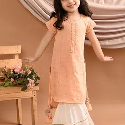 Sangria Peach Girls Embroidered Pure Cotton Straight Kurta With Sharara Set-picture-28