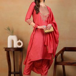 AHIKA Women Floral Yoke Design Regular Thread Work Kurta With Trousers & Dupatta-image-33