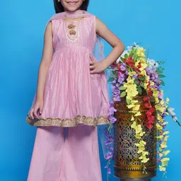 Little Bansi Girls Embroidered Regular Pure Cotton Anarkali Kurta With Palazzos & Dupatta-image-45