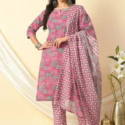 KALINI Floral Printed Round Neck Three-Quarter Sleeves Pure Cotton Kurta Set-picture-38