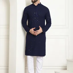 SOJANYA Geometric Embroidered Mandarin Collar Thread Work Pure Cotton Kurta & Churidar-image-97