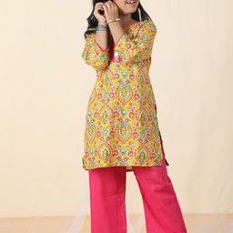 Sangria Girls Floral Printed Pure Cotton Round Neck Kurta With Trousers-34